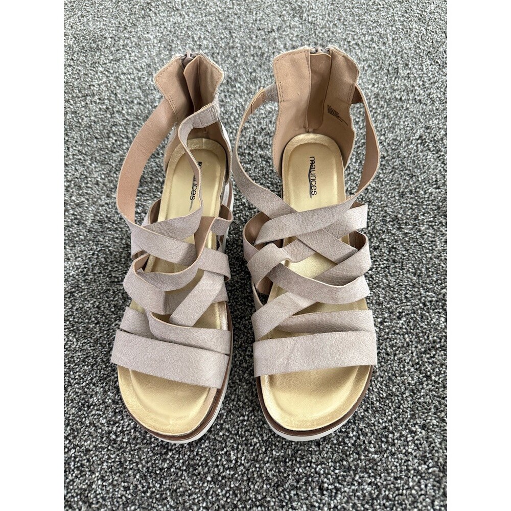 Maurices Womens Gladiator Sandals Beige Strappy Back Zip Comfort Wedge - Picture 2 of 7